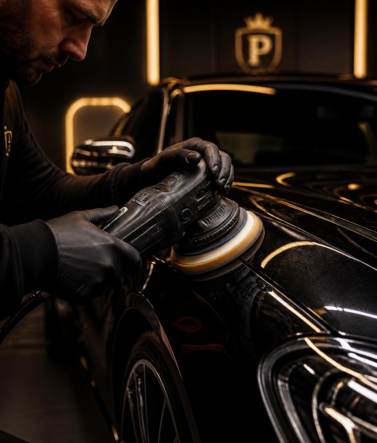 Detailer machine polishing the glossy black fender of a luxury car at Saskatoon Auto Spa